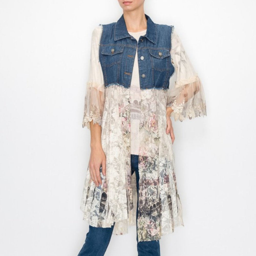 NEW DENIM & LACE ITALY PRINT BOHMEIAN VINTAGE vest cardigan duster reg & plus